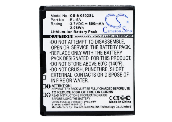 NOKIA BL-5A Replacement Battery For NOKIA Asha 502, - vintrons.com