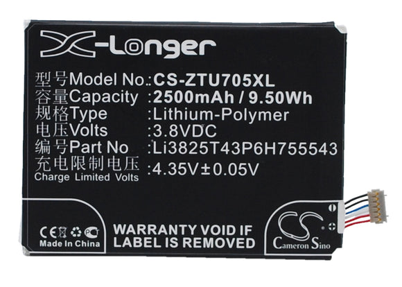 ZTE Li3825T43P6H755543 Replacement Battery For TELSTRA T84, Tough Max, Tough Max LTE, / ZTE Grand SII, Q705U, S221, S251, T84, - vintrons.com